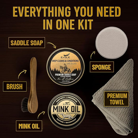 Leather Boot Care Kit – Mink Oil, Saddle Soap for Leather, Applicators & Cloth – Leather Care Kit, Boot Leather Care Kit, Leather Shoe Care Kit for Cowboy Boots, Work Boots, Shoes, and Tack