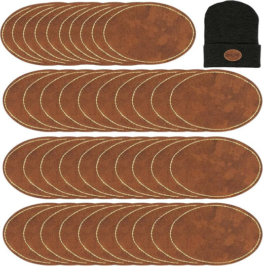 40 Pcs Blank Leather Hat Patches for Laser Engraving Iron On Heat Press 3 x 2 Inches Oval Brown