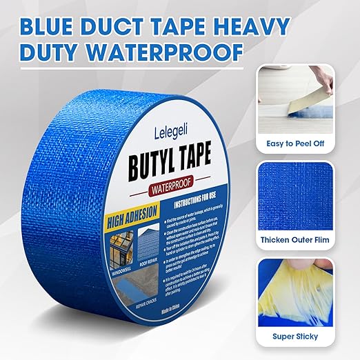 Lelegeli Blue Duct Tape Heavy Waterproof 4inch x 16ft, Waterproof Tape for Solar Pool Cover, Pool Liner Repair, Butyl Sealant Tape for RV Awning Sealing, Metal Roof Patch