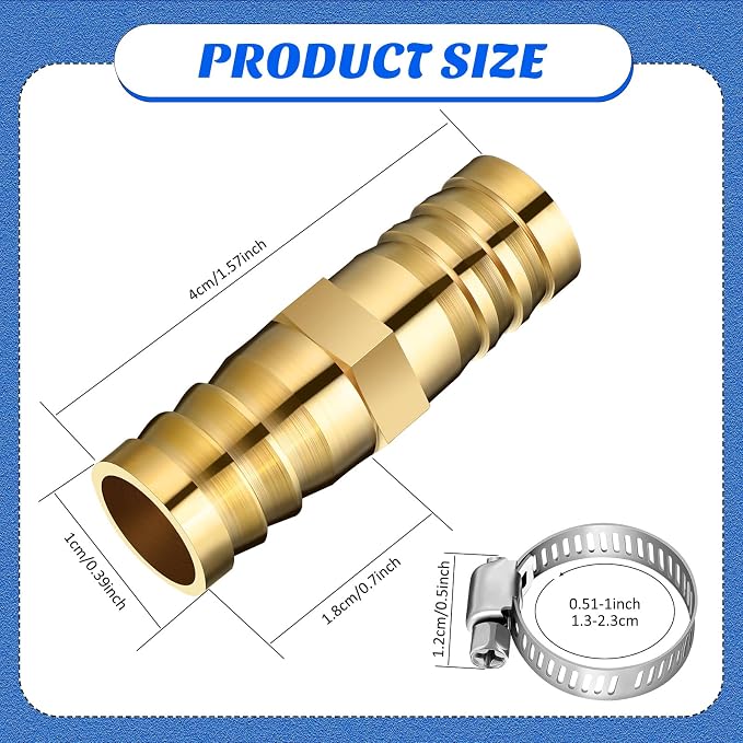 Zhengmy 12 Pcs 3/8-1/2 Inch Hose Repair Kit Brass Barb Fitting Garden Water Hose Repair Connectors with Claps Fiting with 8 Pcs Stainless Steel Pipe Clamp for Fuel Air