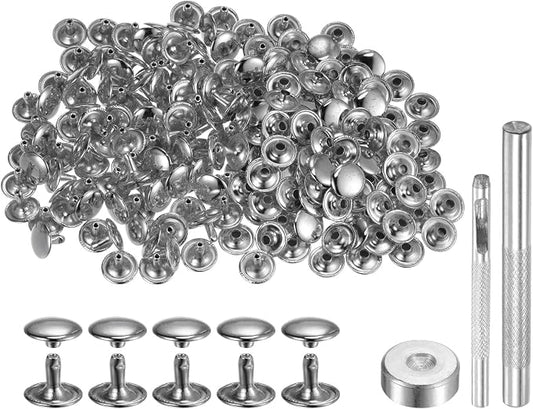 HARFINGTON 100 Sets Leather Rivets 10 x 12mm Metal Double Cap Rivet Snaps Studs Fasteners with 3pcs Setting Tools Rivets for Leather Craft DIY Repair Decoration, Silver Tone