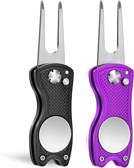 Mile High Life Golf Divot Repair Tool, All Metal Foldable Divot Tool with Pop-up Button & Magnetic Ball Marker, 2-6 Pack