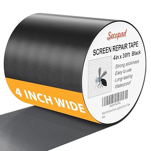 Secopad Black Window Screen Repair Kit, 4 in X 30 FT (360IN) Screen Repair Tape for Windows or Doors, Strong Adhesive Fiberglass Mesh Patch Tape