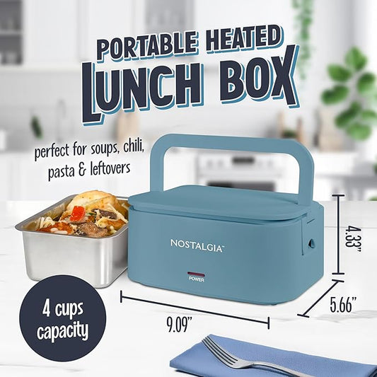 Nostalgia Portable Heated Lunch Box – 4-Cup Stainless Steel Food Warmer – Detachable Cord, Leak-Proof Lid, Carry Handle – Portable for Work & Travel – Ocean Blue