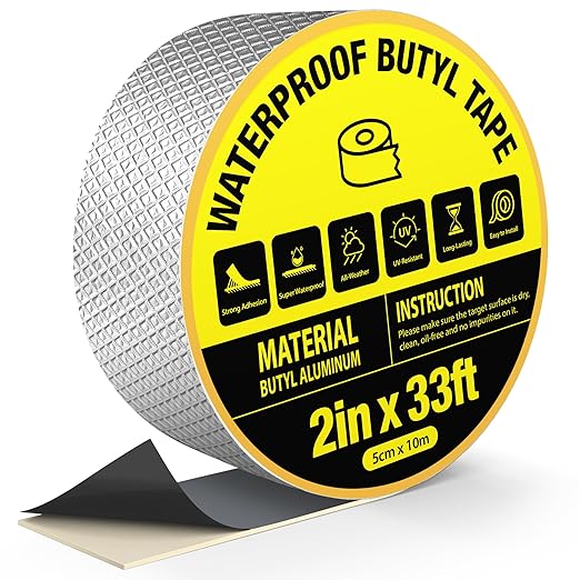 Butyl Tape Waterproof Sealing Tape 2in x 33ft, Self-Adhesive Aluminum Foil Tape for Metal Roof, RV Awning, Carport Fixing, Rubber Roofing, Pipe Sealant, Gutters and Skylights Patching
