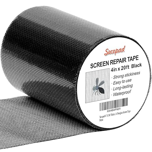 Secopad Black Window Screen Repair Tape, 4 in X 20 FT (240IN) Kit for Windows or Doors, Strong Adhesive Patch Fiberglass Mesh Repair