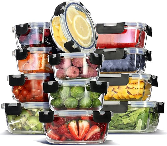 EATEX 24pc Glass Storage Containers with Lids, 12 Set Glass Food Storage Containers with 12 Airtight Lids, Pantry Kitchen Meal Prep Containers for Lunch, Freezer Storage Containers, Jet Black