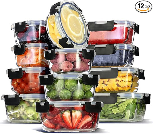 EATEX 24pc Glass Storage Containers with Lids, 12 Set Glass Food Storage Containers with 12 Airtight Lids, Pantry Kitchen Meal Prep Containers for Lunch, Freezer Storage Containers, Oven Safe