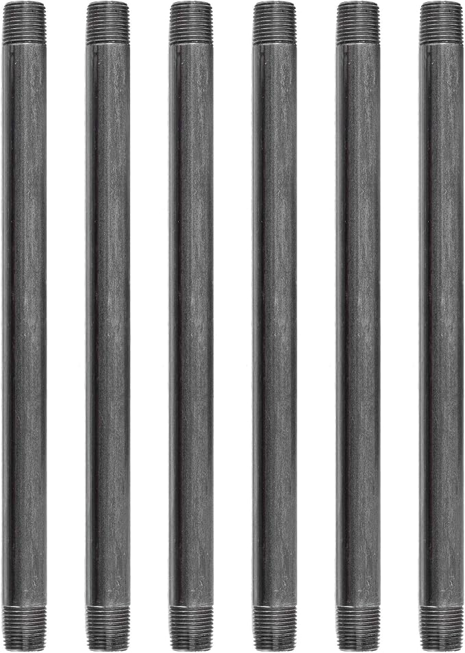 PIPE DÉCOR 1/2” x 12” Malleable Cast Iron Pipe Nipple, Pre Cut Connectors, Industrial Steel Grey Fits Standard Half Inch Black Threaded Pipes Nipples and Fittings, Build Vintage DIY Furniture, 6 Pack