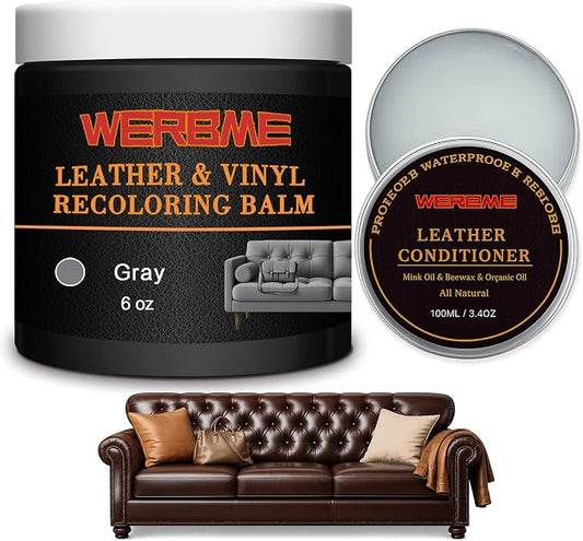 Leather Recoloring Balm & Mink Oil Leather Conditioner, Gray | Restores faded leather, waterproof, scratch repair for couches, car seats, shoes & bags, Complete kit with mink oil & tools