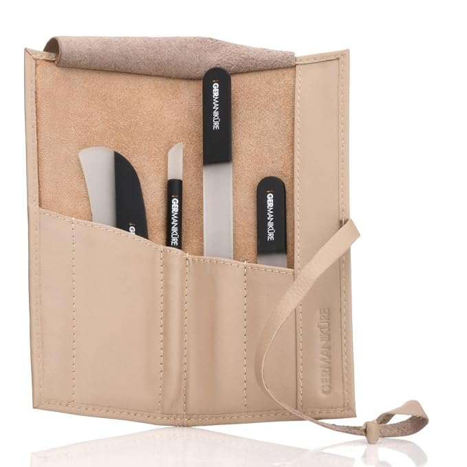 GERMANIKURE Black Crystal Glass Nail File Set in Beige Leather Case – Handmade in Czech Republic – Professional Manicure & Pedicure Supplies – Glass Cuticle Stick, Pusher, Moon File