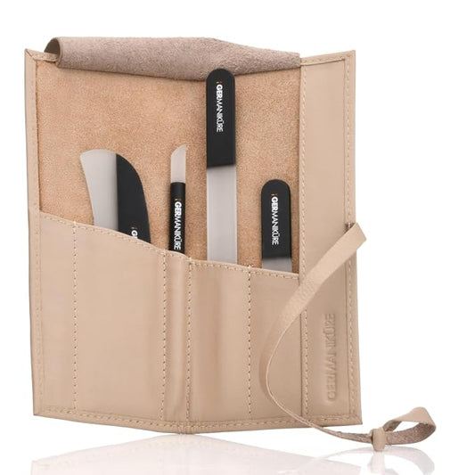 GERMANIKURE Black Crystal Glass Nail File Set in Beige Leather Case – Handmade in Czech Republic – Professional Manicure & Pedicure Supplies – Glass Cuticle Stick, Pusher, Moon File