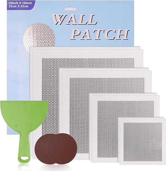 Wall Repair Patch Kit Upgraded Size, 8 Psc 10/8/6/4 inch Self Adhesive Pieces Aluminum Drywall Repair Kit, with Its Own Large Squeegee and Scraping