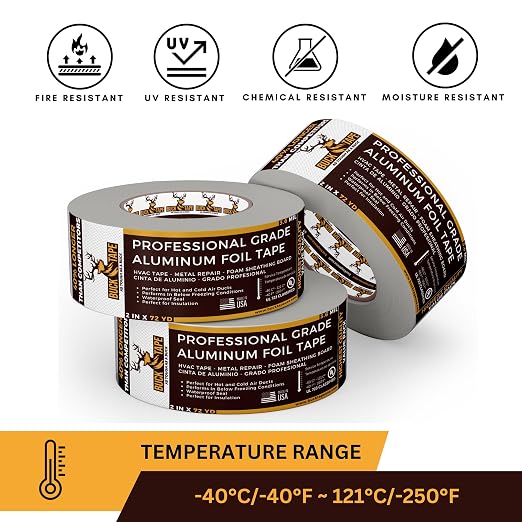 4 Pack Buck Aluminum Foil Tape – 4 Inch x 216ft (72 yd), 3.6 Mil – HVAC Tape for Ductwork, AC, Dryer Vents & Insulation – Silver Foil Tape for Metal Repair, Exhaust Sealing & Air Conditioning