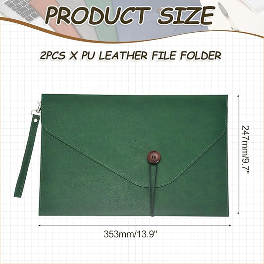 PATIKIL 2Pcs Leather Folder, 14x10 Leather Document Holder File Folder PU Pouch Bag Portfolio File Organizer Handbag Button Personal Envelope Waterproof for Traveling Men Gift, Green