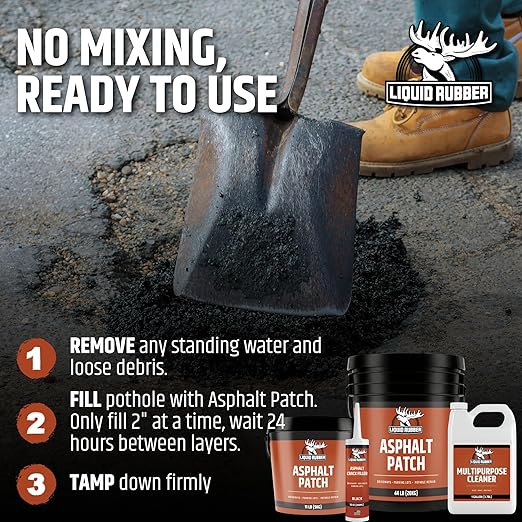 Liquid Rubber Asphalt Patch – 44lb Pail Ready-to-Use Pothole Repair for Driveways, Parking Lots, Pathways & Roads – Easy All-Weather Application – No Mixing Required