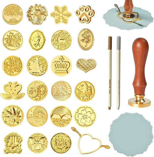 BATHRINS Wax Seal Stamp Kit-23Pcs Sealing Stamp Heads,Wooden Handle,Metal Seal Mold,Silicone Mat,Color Pen for Party Wedding Invitation Cards Envelopes Gift Wrapping Letter