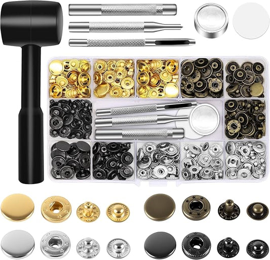 Alritz 15mm Leather Snap Button Kits with Hammer Punch Spacer, 90 Sets Metal Snaps Press Studs with 4 Setter Tools for Thin Clothes, Jackets, Jeans Wears, Bracelets, Bags