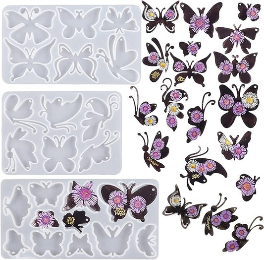 3 Pack Butterfly Silicone Molds for Resin, Various Butterfly Shaped Epoxy Silicone Casting Molds with Hole, Resin Keychain Silicone Molds for Jewelry Making Keychain Decor Crafts
