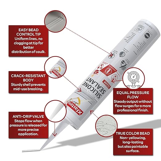 XFasten Clear Silicone Caulk Neutral Cure 10.1 oz (4-Pack) 100% Waterproof Silicone Sealant, Crack and Shrink Resistant, Low Odor, Strong Adhesion Caulking for Kitchen Bath Window Shower Outdoor Use
