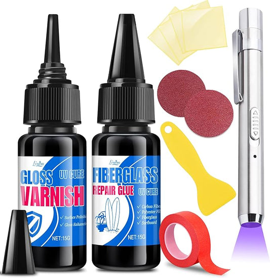 Fiberglass Repair Kit - Surfboard Repair Kit, UV Repair Glue with UV Light, Quickly Repair Scratches, Holes, and Gaps in Fiberglass, Polyester, Carbon Fiber - Fiberglass Filler for Surfboard Gelcoat