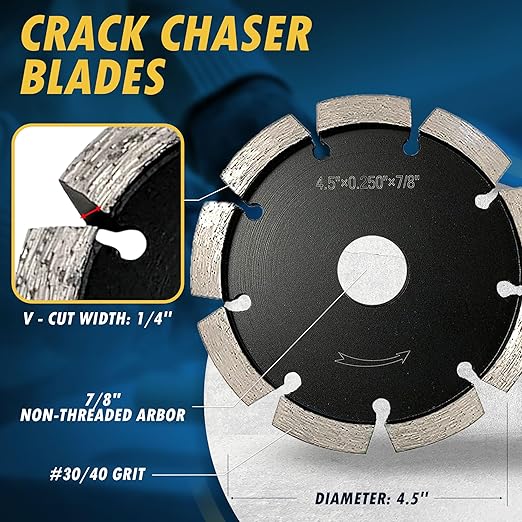 4.5" Diamond Crack Chaser Blades for Routing and Repairing Cracks in Concrete and Asphalt - 1/4" Width with a 7/8" Non-Threaded Arbor