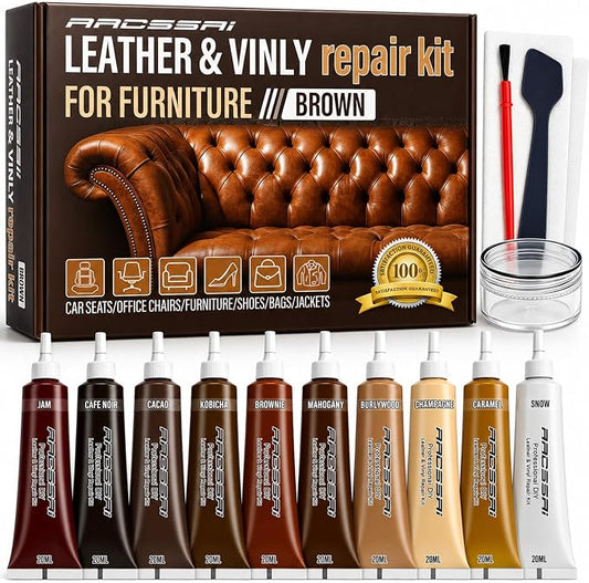 ARCSSAL Brown Leather & Vinyl Repair Kit with 10-Color Matching, DIY Couch & Car Seat Repair, Restore Scratches Tears & Cracks on Genuine Faux Bonded Leather Sofa Furniture