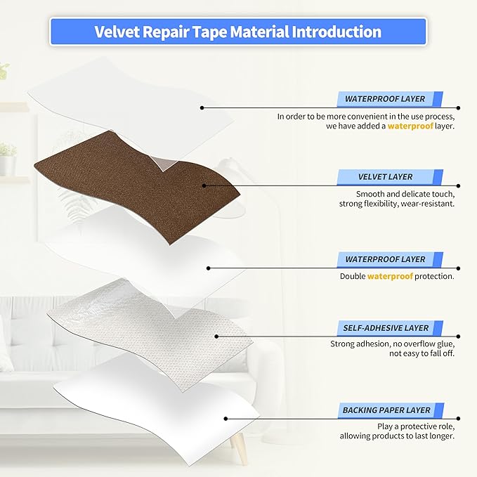 KING MOUNTAIN Couch Fabric Repair Patch, Fabric Patches for Furniture, 16" x 80" Waterproof Velvet Repair Tape for Sofas, Car Seats, Furniture, Upholstery Fabrics and Velvet Goods. （Brown）