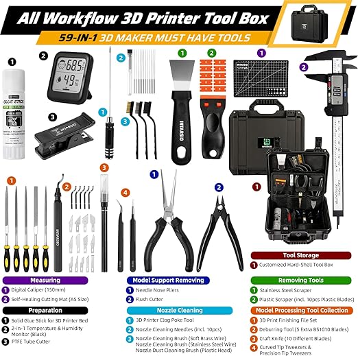 59pcs 3D Printer Tools Kit with Hard Case, 3D Printer Accessories incl Deburring Tool, Digital Caliper, Hygrometer, Nozzle Clog Poke, Pilers, Flush Cutter, for Bambu Lab, Ender 3, FDM/SLA Printers etc