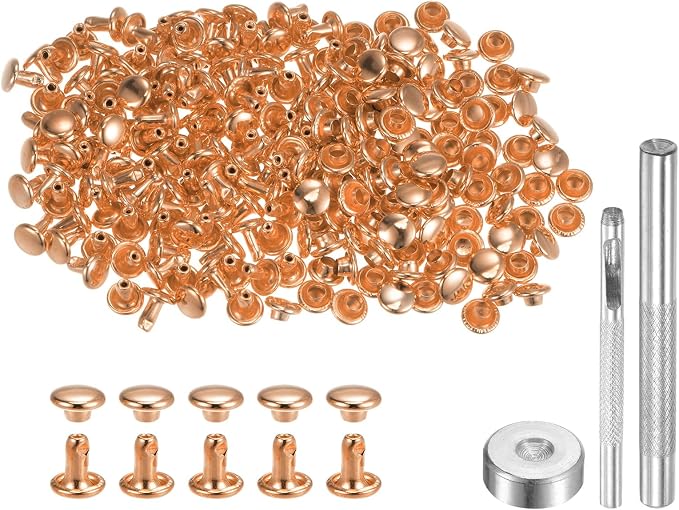 HARFINGTON 100 Sets Leather Rivets 6 x 6mm Metal Double Cap Rivet Snaps Studs Fasteners with 3pcs Setting Tools for Leather Craft DIY Repair Decoration, Light Gold Tone