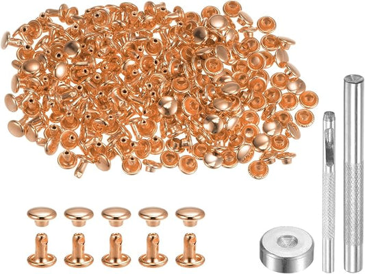 HARFINGTON 100 Sets Leather Rivets 6 x 6mm Metal Double Cap Rivet Snaps Studs Fasteners with 3pcs Setting Tools for Leather Craft DIY Repair Decoration, Light Gold Tone