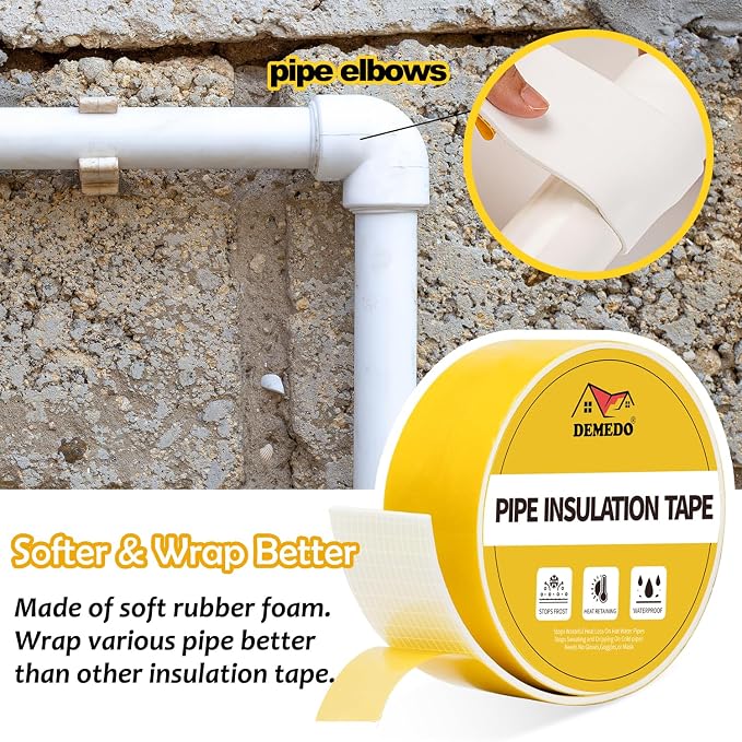 DEMEDO Pipe Insulation Tape, Pipe Wrap Insulation Foam Tape Self Adhesive, Outdoor Water Pipe Insulation Roll for HVAC, AC Line Insulation, 6 inch x 16.5 FT Heat Tape for Water Pipe, White