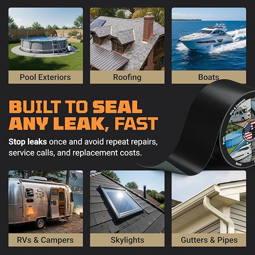 TITANPATCH PRO Waterproof Sealant Tape – Black 4" x50' – Stops Leaks Fast & Stays Sealed for 15+ Years – Sticks to RVs, Roofs, Pools, Boats, Gutters – Built for Harsh Weather (-40°F to 190°F)