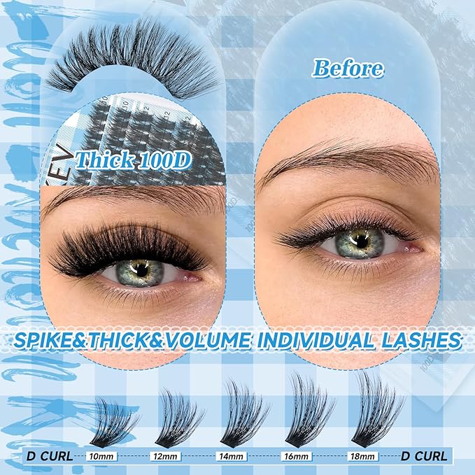 KEVKEV Lash Extension Kit 280pcs Volume Lash Clusters 100D Lash Clusters Kit 10-18mm Individual Lashes Kit With Lash Bond And Seal,Lash Tweezers Thick Lash Extension Kit DIY At Home(0.05D,100DD)