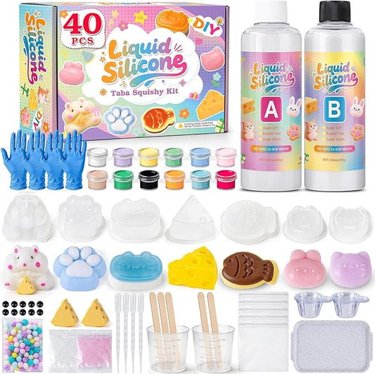 Taba Squishy Making Kit, DIY Taba Squishy Kit, 18oz FuFu Squishy 7 Molds Silicone, Liquid Silicone 1:1 AB Ratio Epoxy Resin Mix for Squishy, Stress Relief Taba Squishies, Gifts for Any Occasion