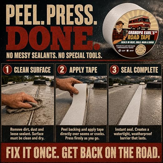 Grandpa Earl's Road Tape – Butyl Seal Repair Tape for RV Roofs – 4" x 50' Waterproof Roof Leak Sealant Tape | UV Resistant, Heat Cold Durable, Industrial & RV Roof Tape