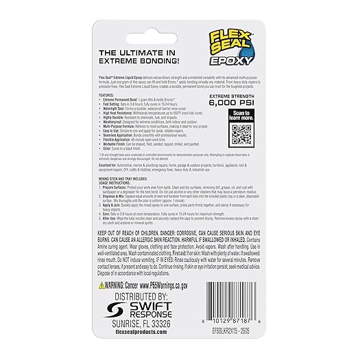 Flex Seal Epoxy, Extreme Liquid, Multi-Purpose, Durable, Permanent, Watertight, Long-Lasting Bond, for Automotive, Marine, Plumbing, Home, & Tool Repairs, Cures Black, 2 Tubes: 0.5 fl oz (14 mL) Each
