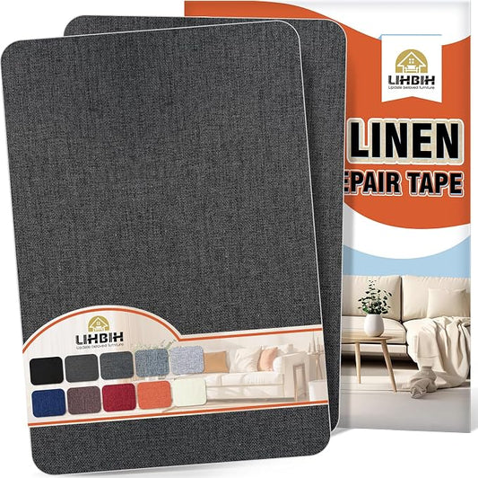 Linen Fabric Repair Tape 2 Pcs 8x12 Inch, Self Adhesive Couch Patch Repair Fabric Tape for Furniture, Linen Patch Kit for Couch, Carpet, Upholstery, Chair, Sofa, Cushion, Bag (Black Grey)