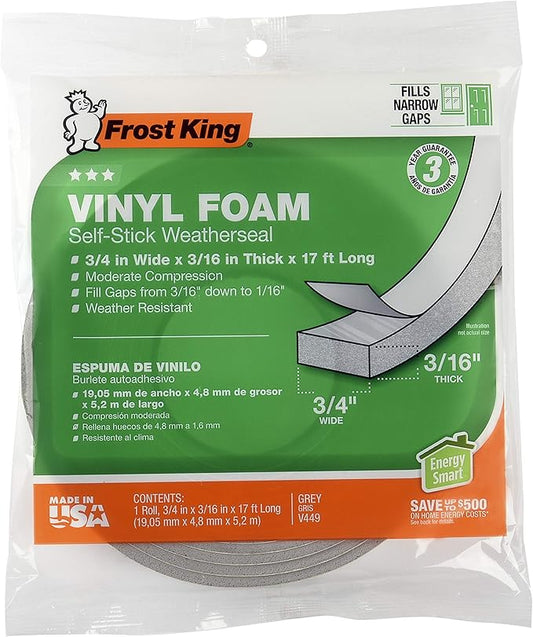 Frost King Vinyl Foam Tape - Closed Cell - Moderate Compression, 3/8" W, 3/16" T, 17' L, Charcoal