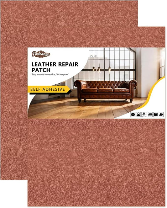 2 Pcs Brown Leather Repair Tape, 8x12 Inch Leather Repair Patch Self-Adhesive, Waterproof Faux Leather Patch, Vinyl Repair Tape for Couch, Sofas, Furniture, Office Chair, Car Seats