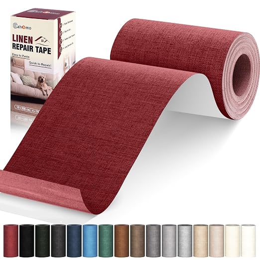 Cahomo Linen Repair Tape 4x79 inch, Self Adhesive Linen Fabric Patches, Linen Fabric Patch Tape Kit, Fabric Repair Tape for Linen Sofas, Headboards, Chairs, Pillows, Curtains - Dark Red