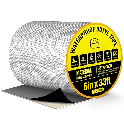 Super Waterproof Butyl Tape 6" W x 33 ft L, Strong Self-Adhesive Aluminum Foil Flashing Tape for Sealing Metal Roof Sheets, Gutters and Downpipes Repair, HVAC Ducts, Vents, Skylights