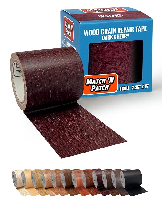 MATCH 'N PATCH Wood Grain Repair Tape - Dark Cherry, 2.25 in x 15 ft (1-Pack) – Wood Grain Colored Duct Tape for Mirror Frame, Trim, Borders, Floor and Other Furniture, Scratch Repair Kit