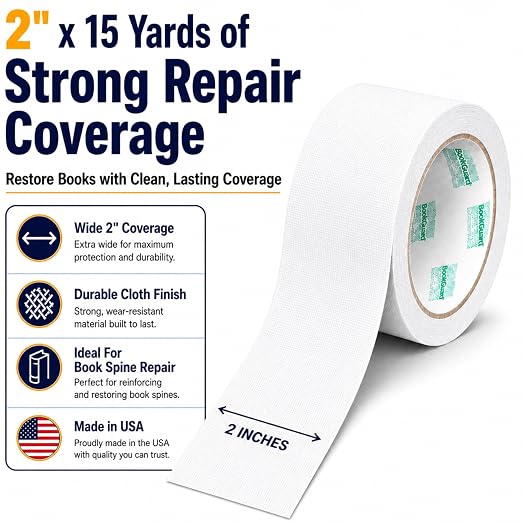 BookGuard White Book Repair Tape, 2 Inch x 15 Yard Archival Safe Cloth Book Binding Tape for Spine, Hinge and Cover Repair, Self-Adhesive Bookbinding Tape for Libraries, Schools and Bibles