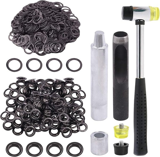 Glarks 124Pcs 1/2 Inch Gun-Black Grommets Eyelets with Tool Sets, 120Pcs Grommets Eyelets with 4Pcs Installation Tools for Fabric, Canvas, Curtain, Clothing, Leather Repair and Decoration