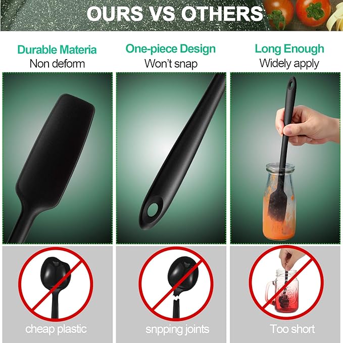 Patelai 2 Pieces Silicone Jar Spatula with Long Handle Heat Resistant Kitchen Scraper Spatula Non Stick Rubber Silicone Scraper for Jam Smoothies Blenders Cooking Baking Stirring (Black)