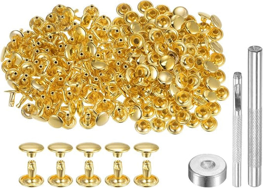 HARFINGTON 100 Sets Leather Rivets 8 x 9mm Metal Double Cap Rivet Snaps Studs Fasteners with 3pcs Setting Tools Rivets for Leather Craft DIY Repair Decoration, Gold Tone
