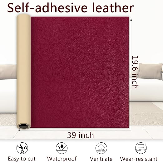 Burgundy Leather Repair Patch, 39.3 x 19.6 Inch Self Adhesive Leather Repair Tape, Large Vinyl Leather Repair Kit for Furniture, Car Seats, Sofats, Couch, Office Chair