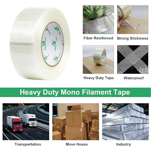BOMEI PACK Filament Strapping Tape, 5.3 Mil 2 Inch x 60 Yards, Heavy Duty Reinforced Fiberglass Packing Tape, 2 Pack