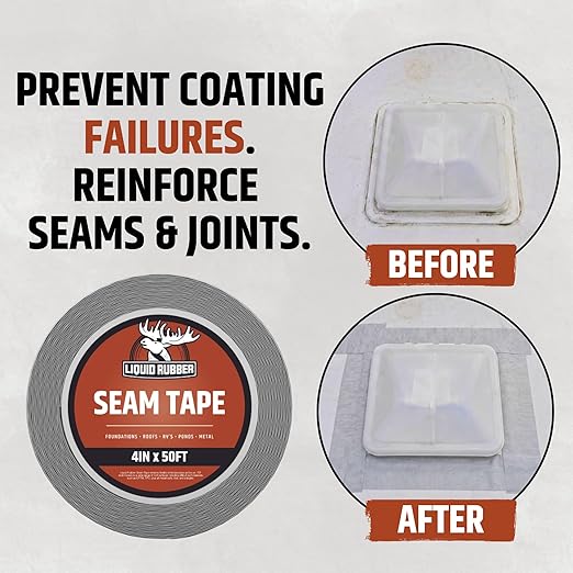 Liquid Rubber Peel and Stick Seam Tape - Fix Leaks, Repair and Restore Roof Joints and Tears, Bonds to EPDM, Metal, Tiles, Shingles, Wood, and Fiberglass Easy to Use, 4 Inch x 50 Foot Roll